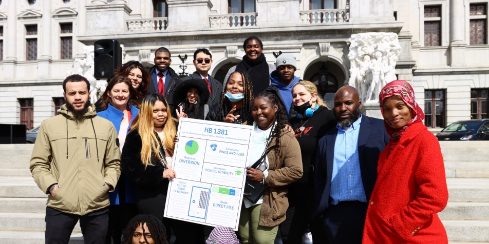 Juvenile Law Center youth advocates, staff, and external partners in Harrisburg for HB1381