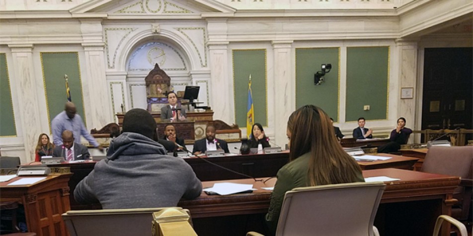 Photo of two youth advocates attending a city council hearing in Philadelphia.
