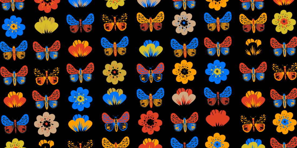 patterned illustration of new brand elements: butterflies and flowers 